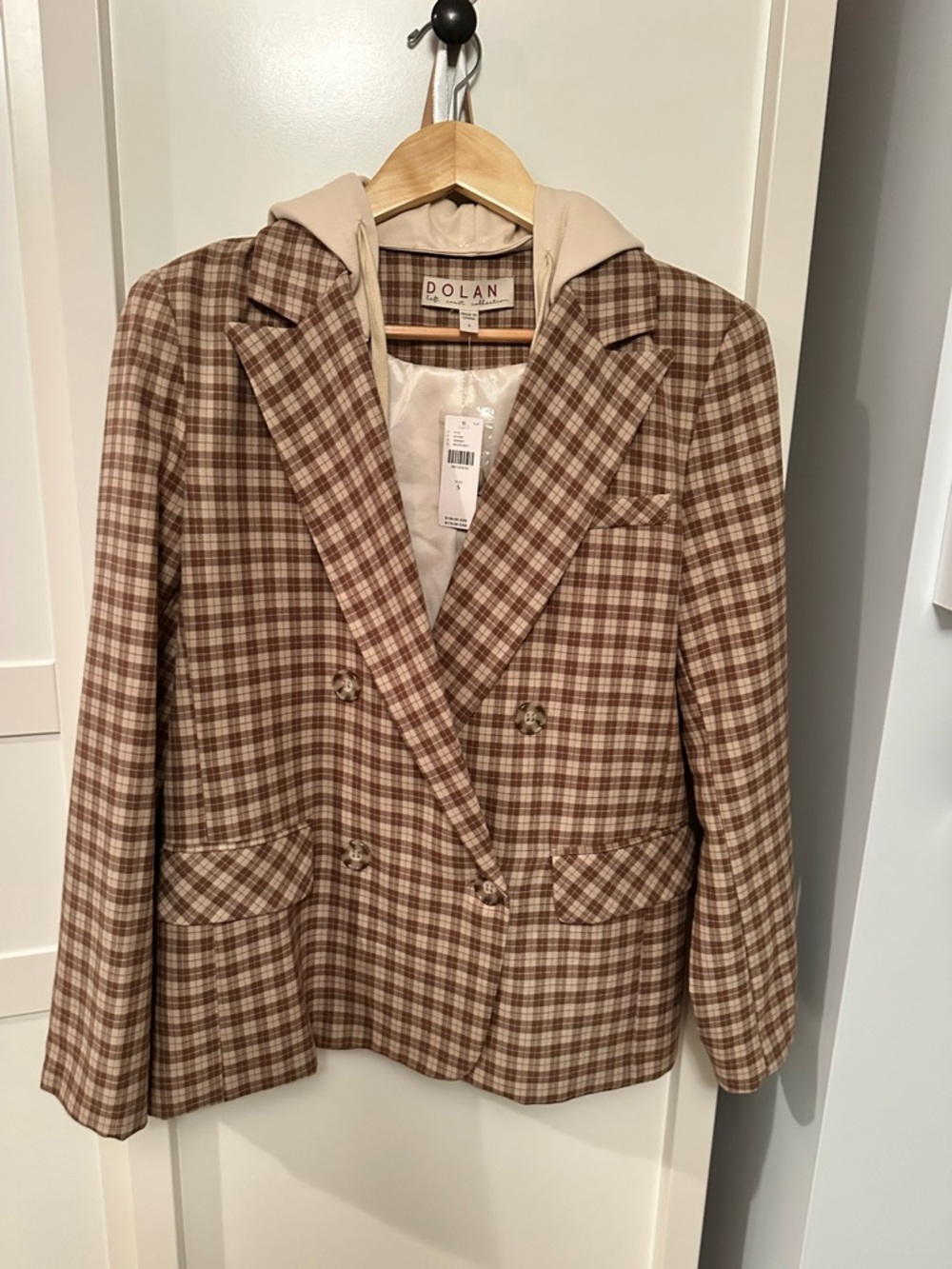 dolan Brown Plaid Double-Breasted Blazer with Cream Hood